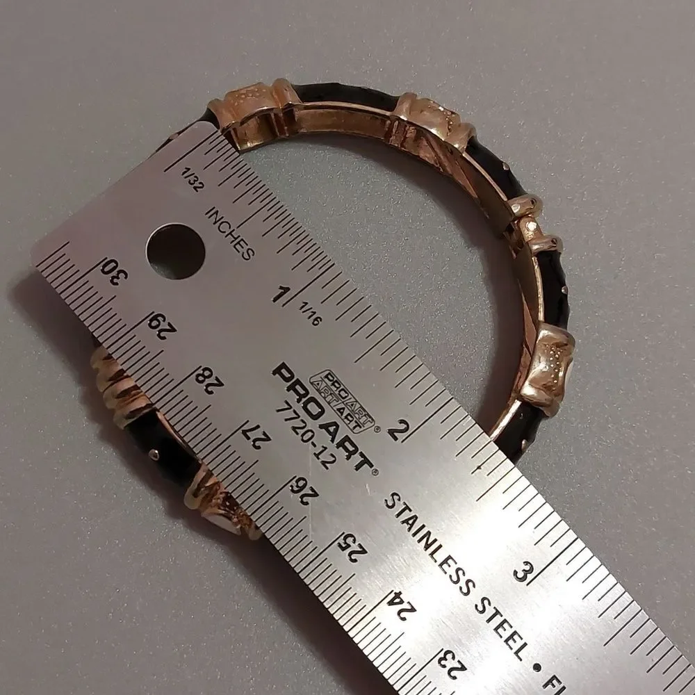 Vintage Black White Enameled Gold Tong Tone Hinged Bangle Bracelet - Picture 4 of 6